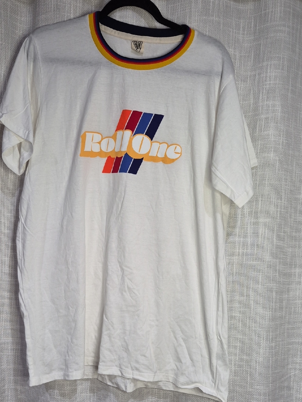RollOne White Graphic Ringer Tee with Red & Blue Stripes Camp Collection XL